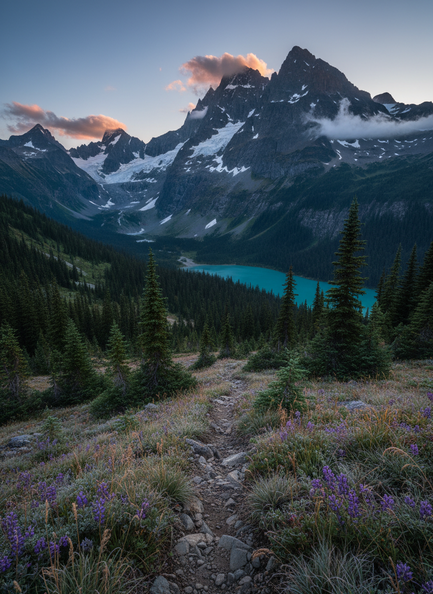 A wide, cinematic photographic view of the Berg Lake Trail beneath towering Mount Robson, captured at sunrise. The rugged singletrack trail cuts through alpine forest toward a distant turquoise lake, with bold elevation lines and rocky outcrops clearly visible. Frost-tipped wild grasses frame the foreground, while jagged snow-streaked peaks dominate the horizon. Crisp, cool morning light rakes across the terrain from the side, emphasizing texture and ascent. The atmosphere feels bold, demanding, and epic, with wisps of cloud catching pink light. Shot from a slightly elevated angle with sharp focus throughout, using rule-of-thirds composition to lead the eye up the trail, embodying the intensity of a mountain ultra marathon course.