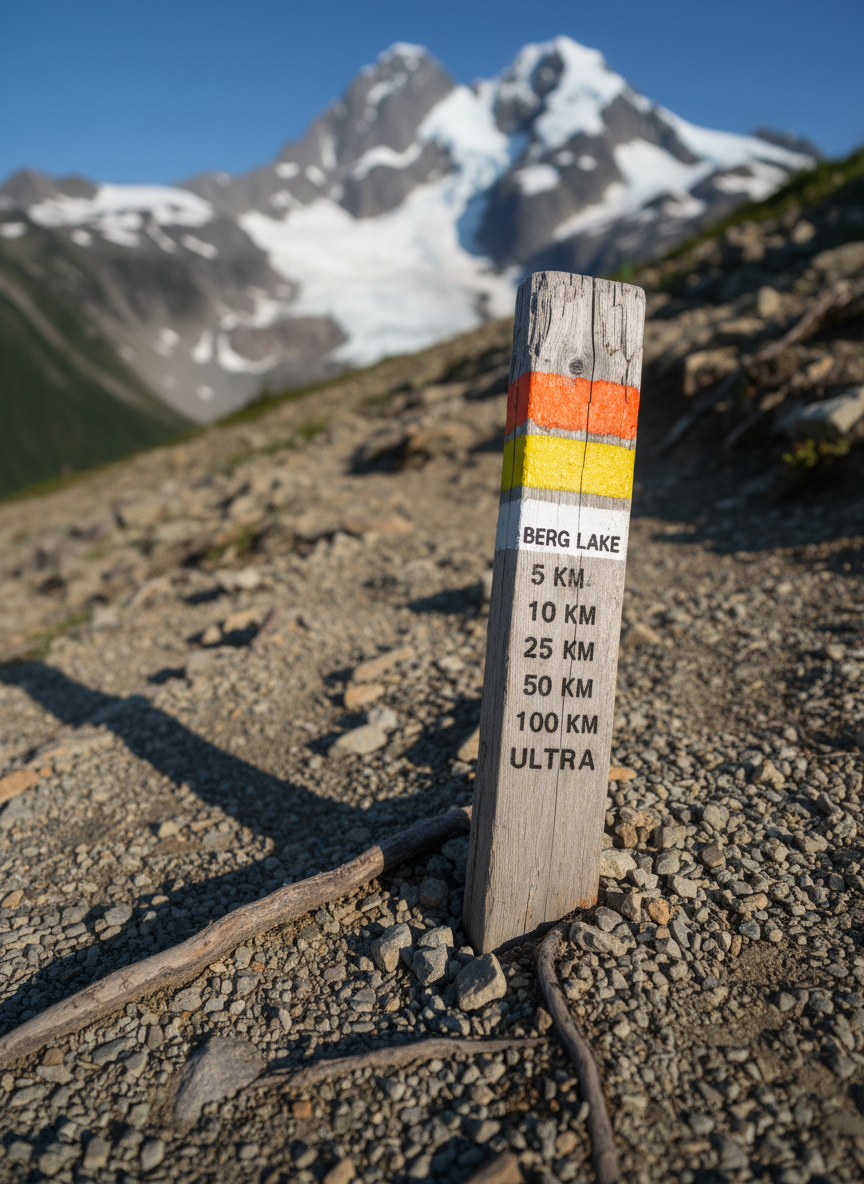 A close-up, photographic realism shot of a rugged mountain trail marker stake planted firmly in coarse gravel on the Berg Lake Trail, with the immense face of Mount Robson blurred in the background. The wooden stake is weathered, with bright, high-contrast stripes that stand out against the muted earth tones and scattered alpine rocks. Late afternoon light slants across the scene, casting a strong shadow of the marker that stretches uphill, hinting at steep elevation gain. The camera uses shallow depth of field at ground level, emphasizing trail texture, roots, and embedded stones. The mood is bold and anticipatory, suggesting race distances from 5 km to ultra along this demanding route.