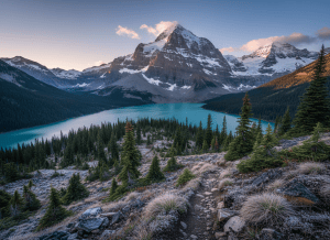 A wide, cinematic photographic view of the Berg Lake Trail beneath towering Mount Robson, captured at sunrise. The rugged singletrack trail cuts through alpine forest toward a distant turquoise lake, with bold elevation lines and rocky outcrops clearly visible. Frost-tipped wild grasses frame the foreground, while jagged snow-streaked peaks dominate the horizon. Crisp, cool morning light rakes across the terrain from the side, emphasizing texture and ascent. The atmosphere feels bold, demanding, and epic, with wisps of cloud catching pink light. Shot from a slightly elevated angle with sharp focus throughout, using rule-of-thirds composition to lead the eye up the trail, embodying the intensity of a mountain ultra marathon course.